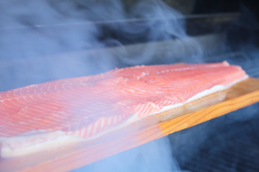 Wood planked grilled salmon and steelhead 